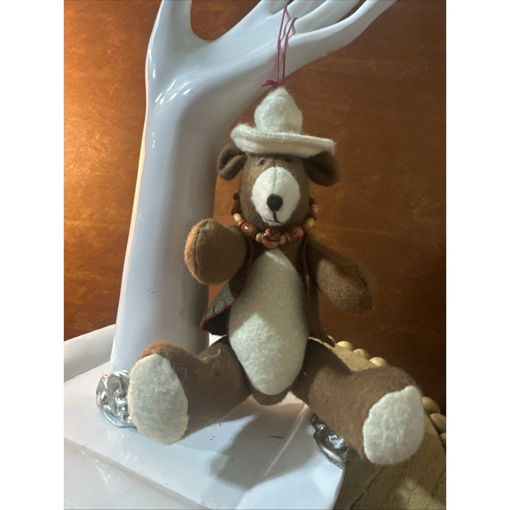 Vtg Christmas Ornament Handmade Bear Felt W-Green Vest, Cowboy Hat/necklace